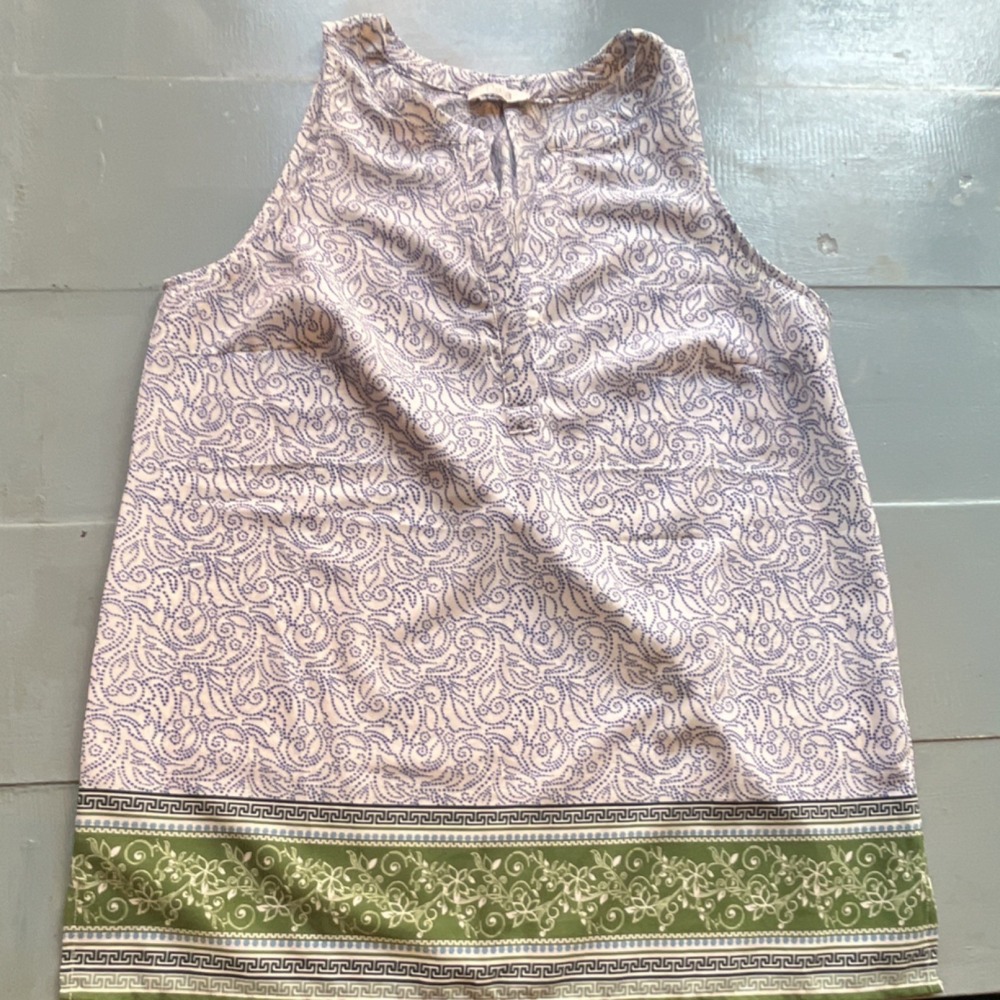 Dalia Womens M Blue Green Paisley Sleeveless Split Neck Tunic Blouse Button